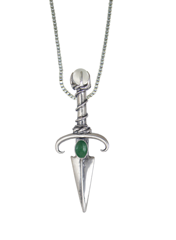 Sterling Silver Black Prince's Knife Dagger Pendant With Jade And a Clear Glass Bead